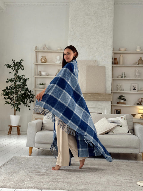 Плед Palermo Light Blue з м’якою вовною у класичну синю клітинку 140×200 см декоративний