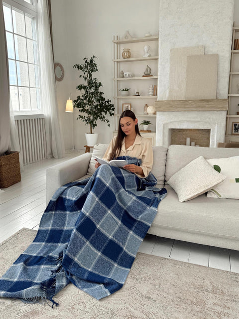 Плед Palermo Light Blue з м’якою вовною у класичну синю клітинку 140×200 см декоративний