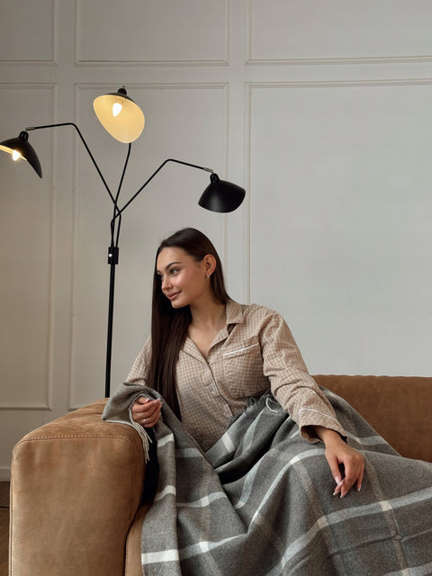 Merino Grey Плед у клітинку з вовни мериноса 140×200 см затишний