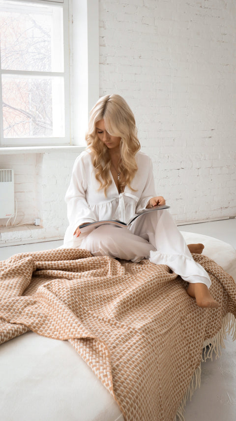 Merino Blend Плед Merino 140×200 см у прямокутниках кавово-молочного кольору