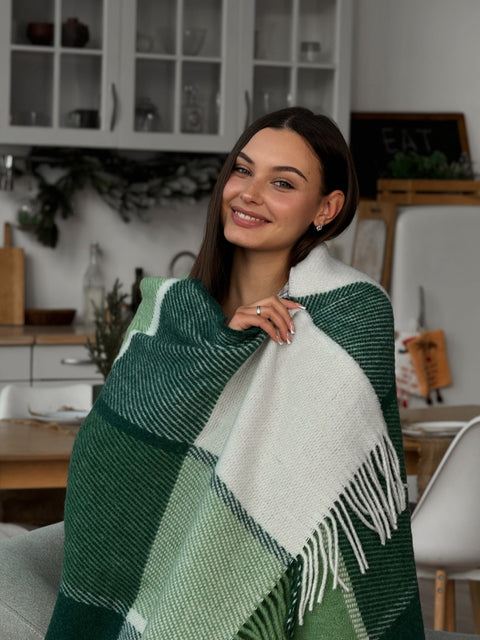 Elf Green & Ivory Плед з новозеландської вовни 170×210 см у клітинку відтінків зеленого